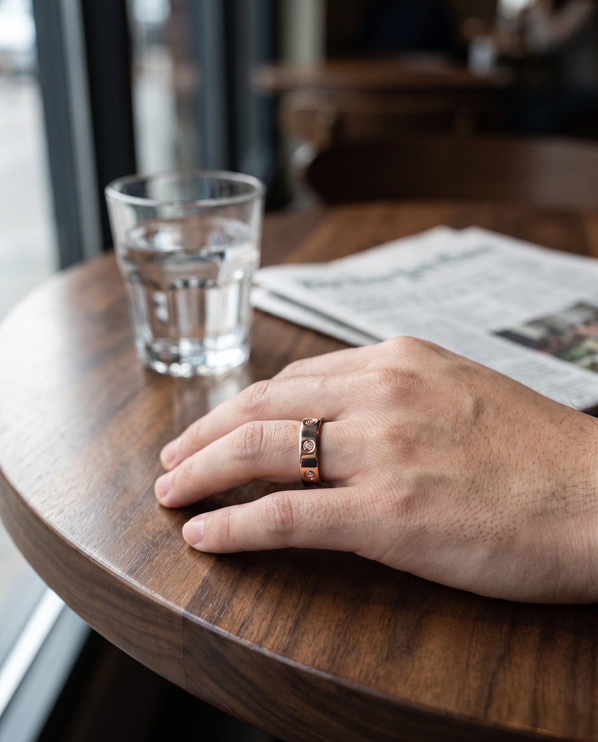 LuxenX ring worn at a cafe table