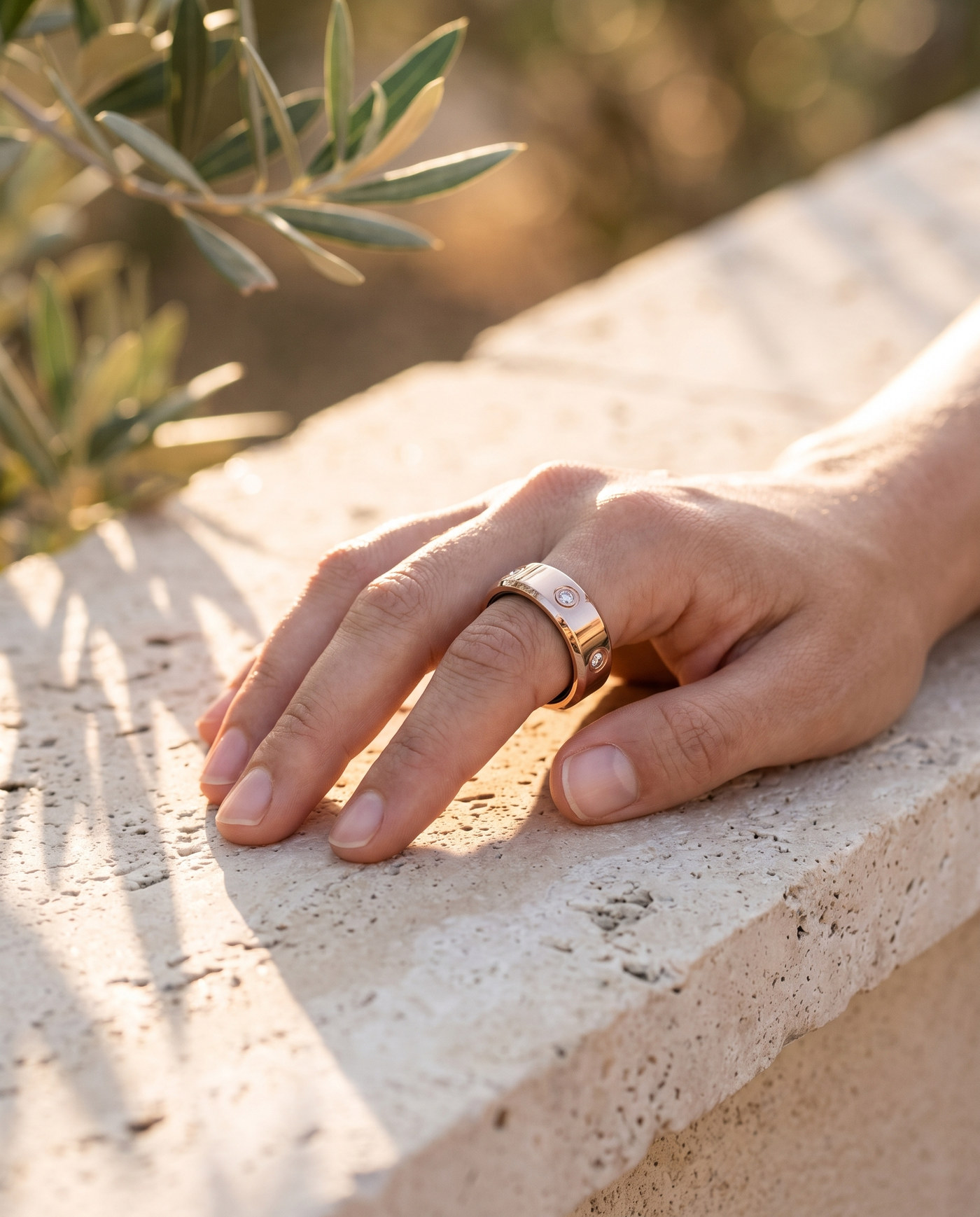 The LuxenX ring worn on the index finger, hand resting on sunlit travertine
